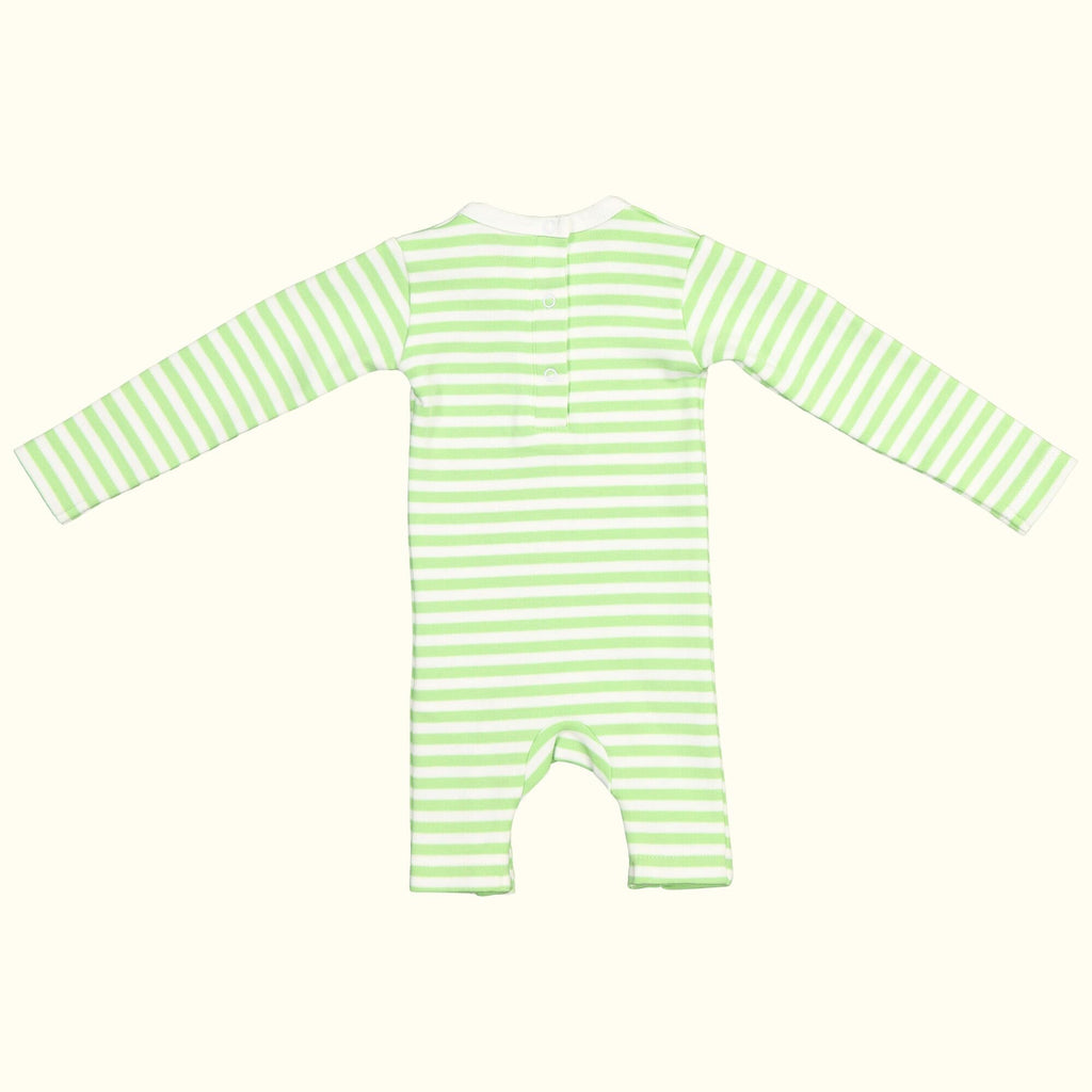 Organic cotton green and white striped jumpsuit back