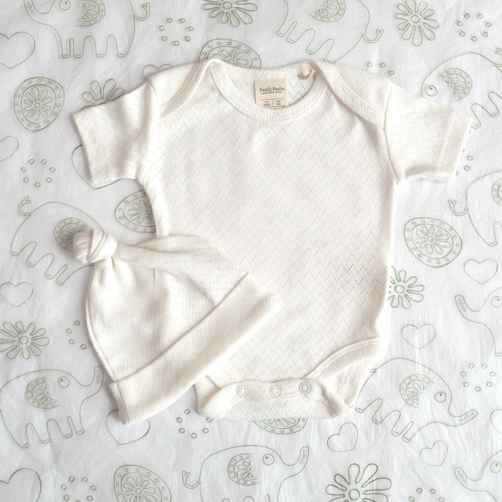 Natural organic cotton pointelle bodysuit and beanie