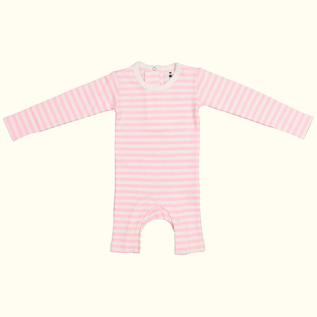 Organic cotton pink and white striped jumpsuit front