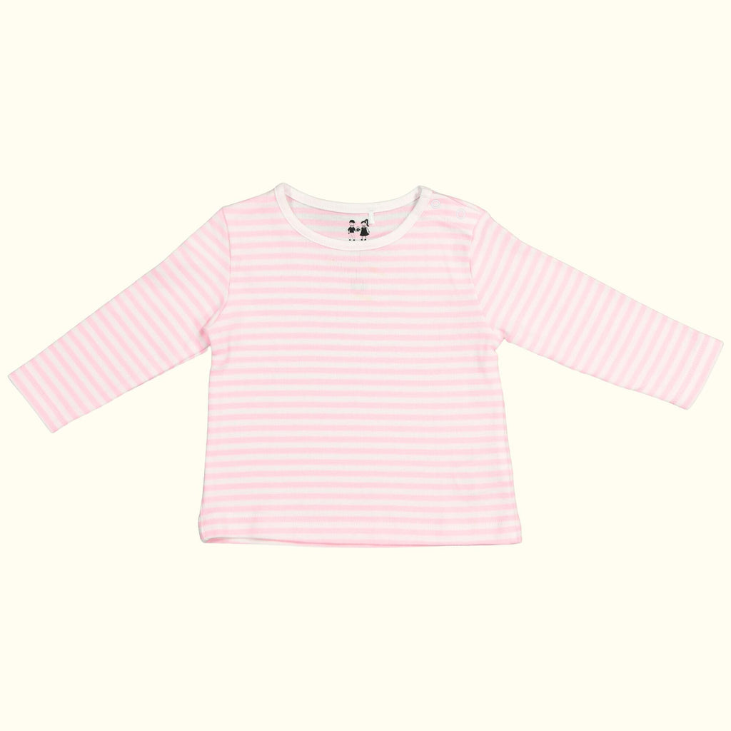 organic cotton pink and white striped tee shirt front
