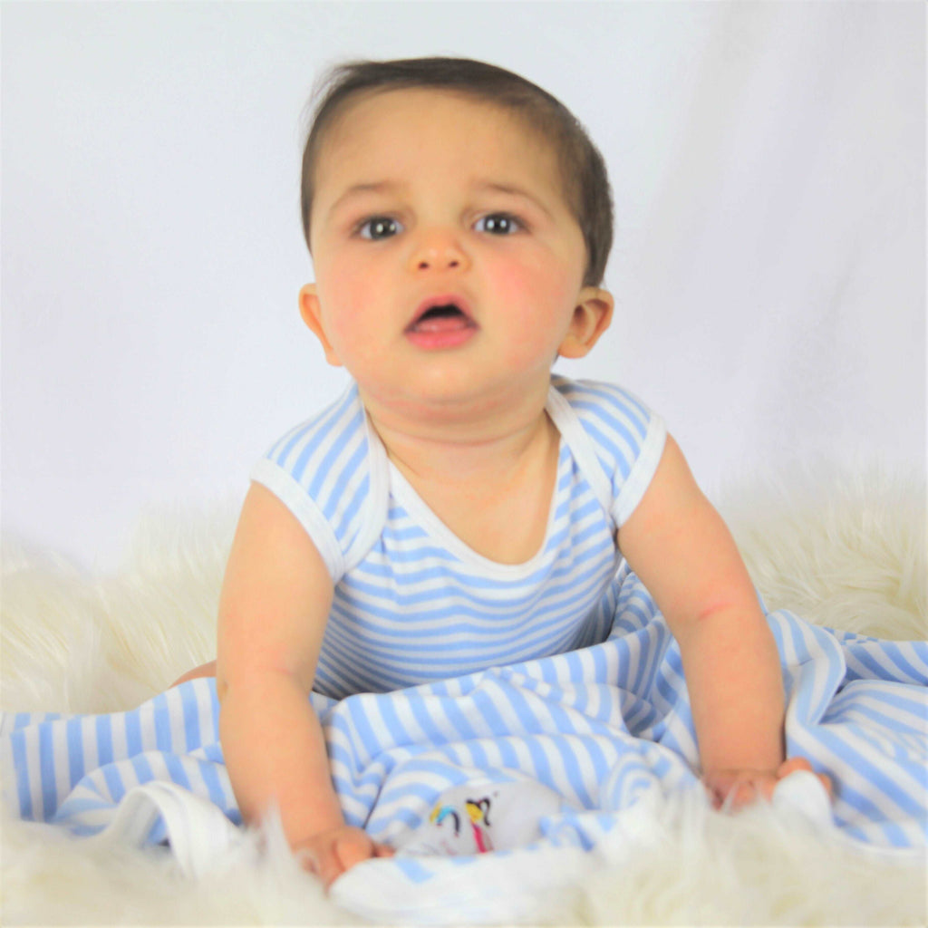 Baby wearing bodysuit and Organic cotton swaddle blanket - blue and white stipes