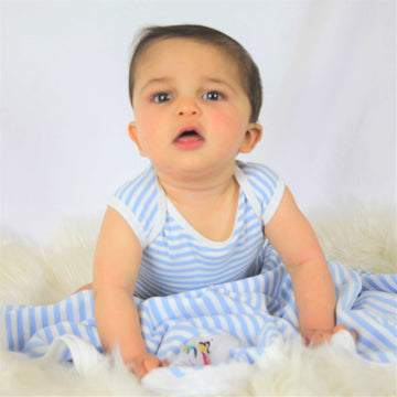 Baby wearing bodysuit and Organic cotton swaddle blanket - blue and white stipes