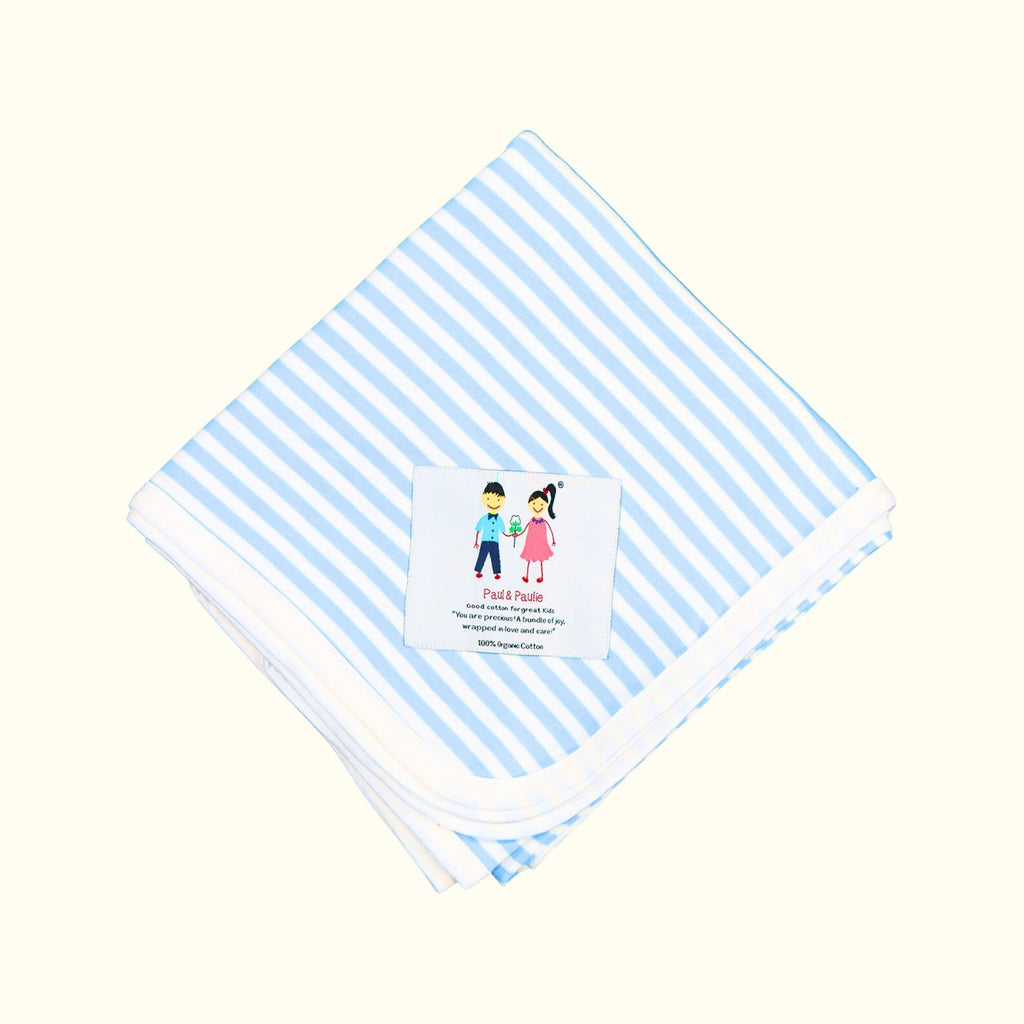 Organic cotton swaddle blanket - blue and white stipes front