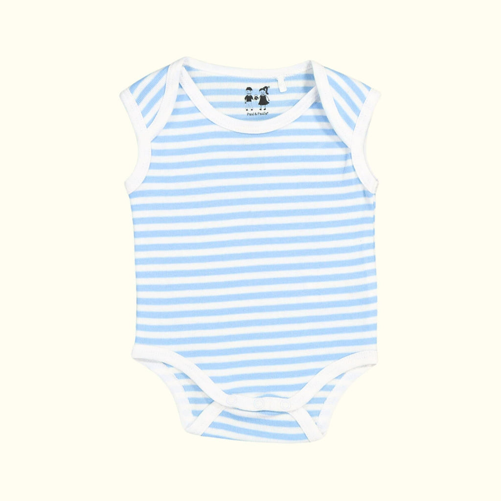 Organic Cotton Singlet Bodysuit Blue and White Stripes front