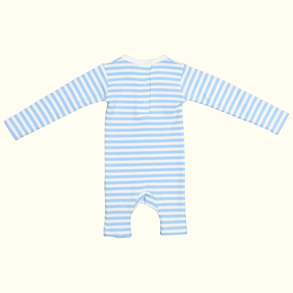 Organic cotton blue and white striped jumpsuit back