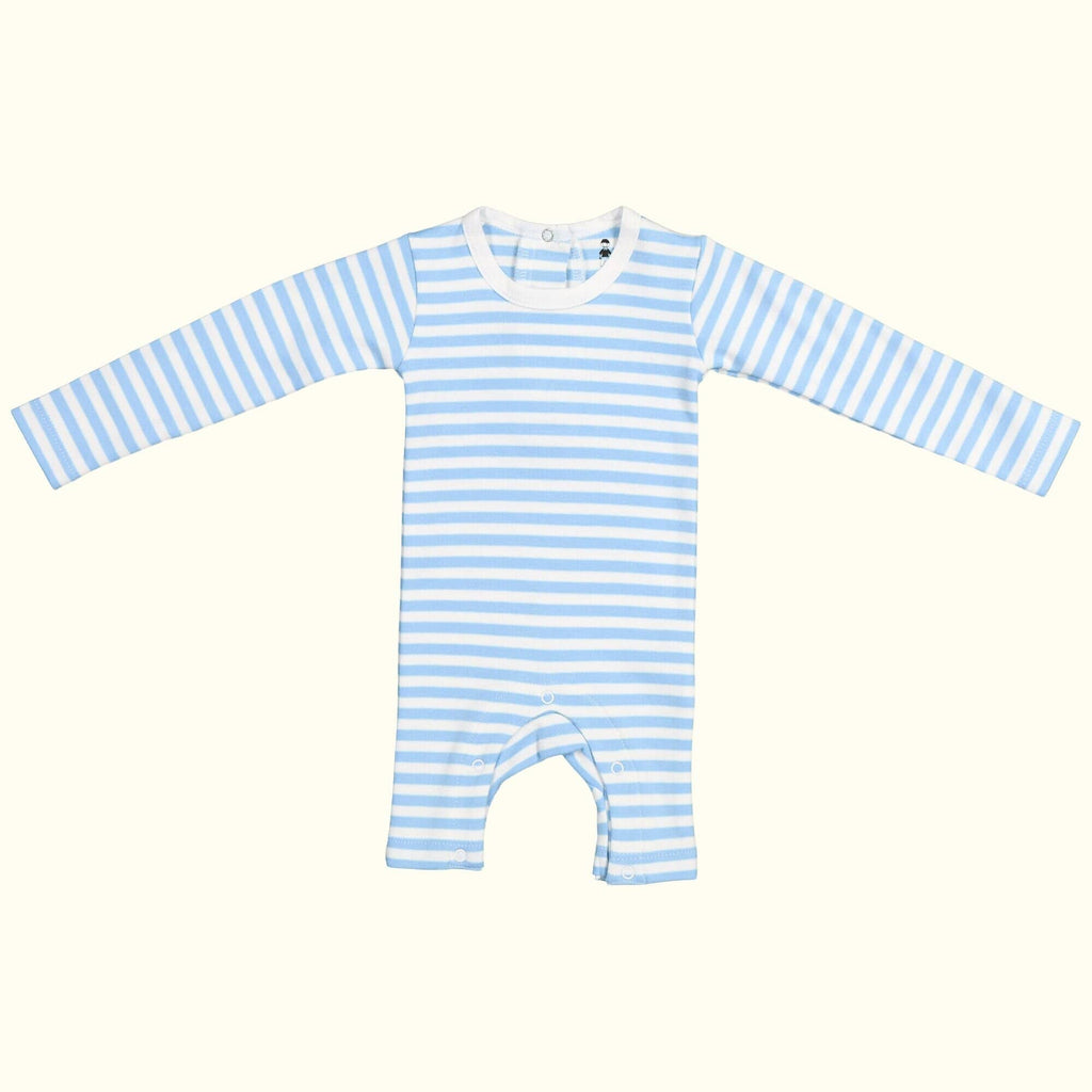 Organic cotton blue and white striped jumpsuit front