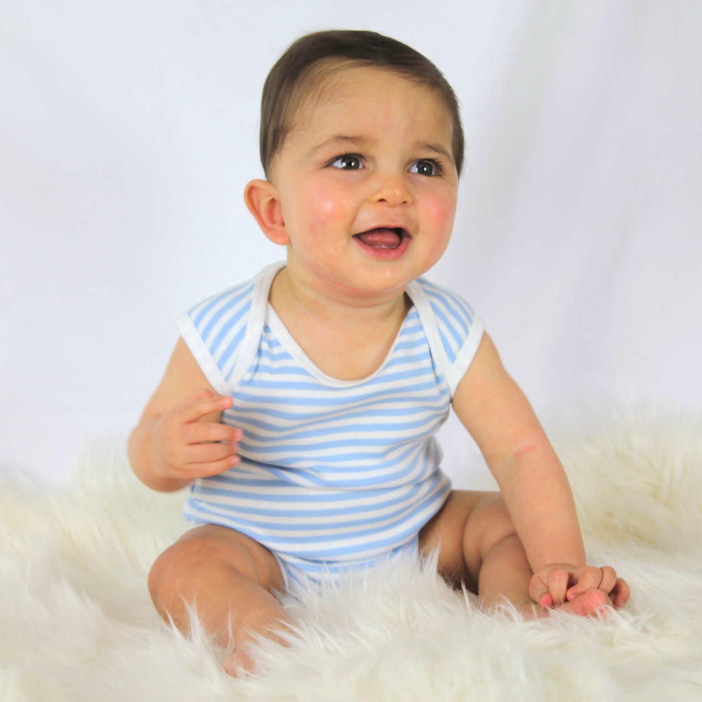 Baby wearing organic cotton blue and white striped singlet
