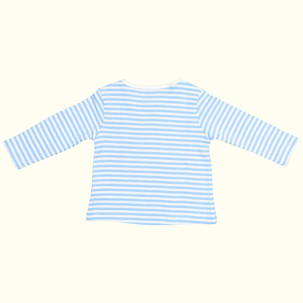 organic cotton blue and white striped tee shirt back