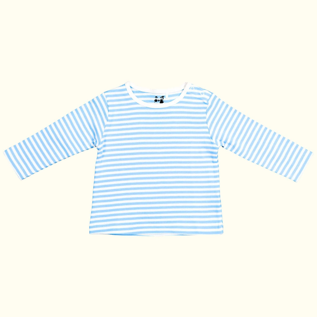 organic cotton blue and white striped tee shirt front