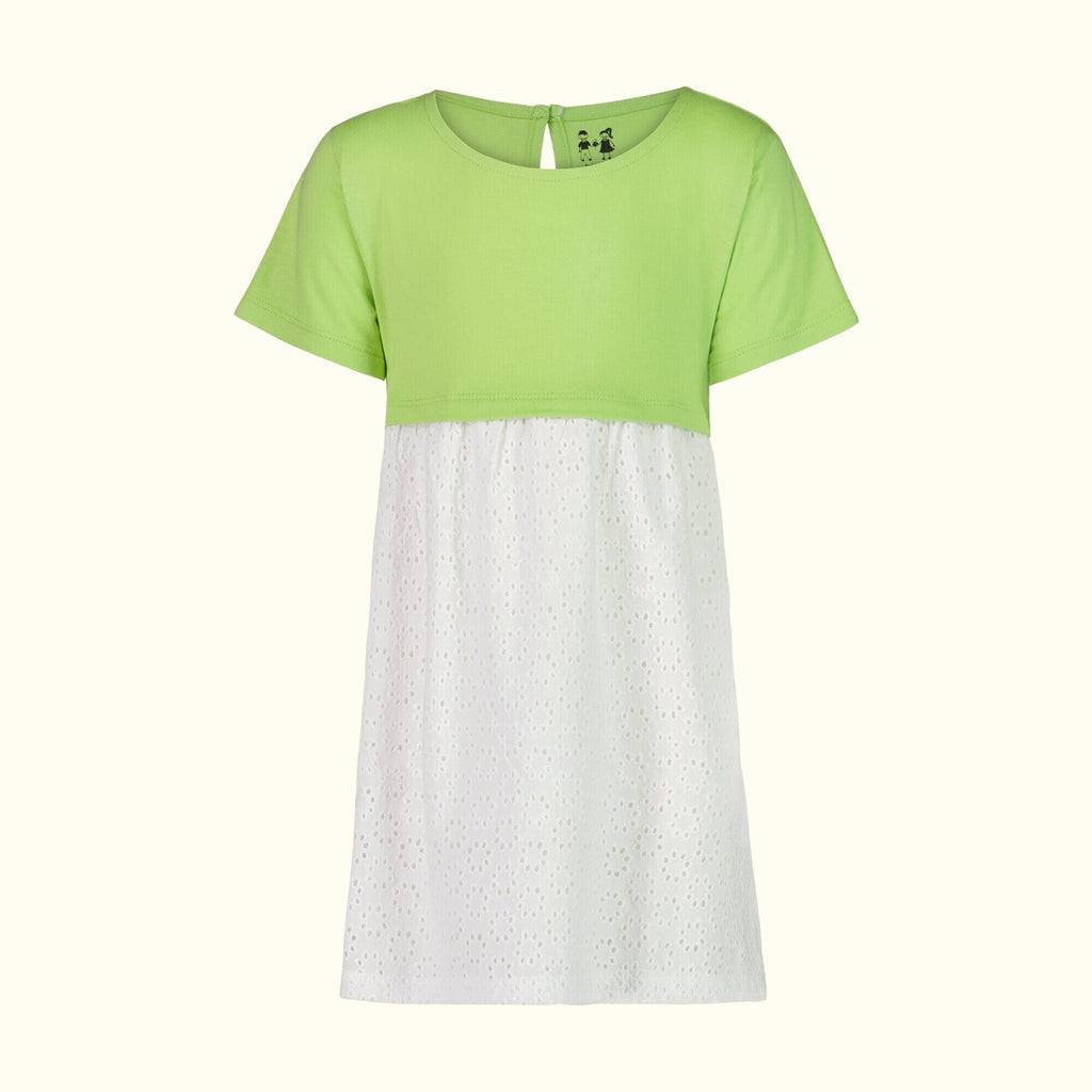 Organic Cotton Leaf Green and White Broderie Lace Dress front
