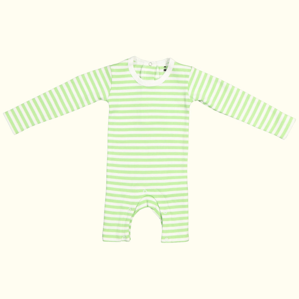 Organic cotton green and white striped jumpsuit front