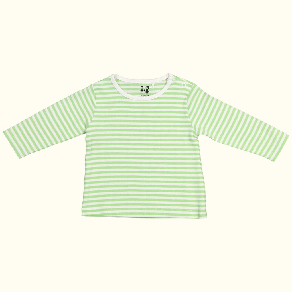 organic cotton green and white striped tee shirt front