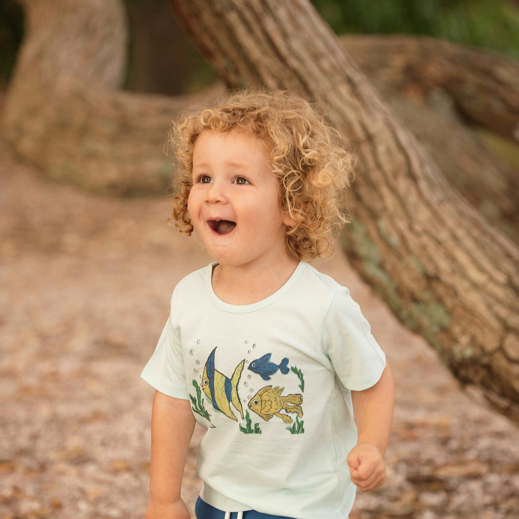 Boy wearing Organic Cotton Happy Fish Tee Shirt