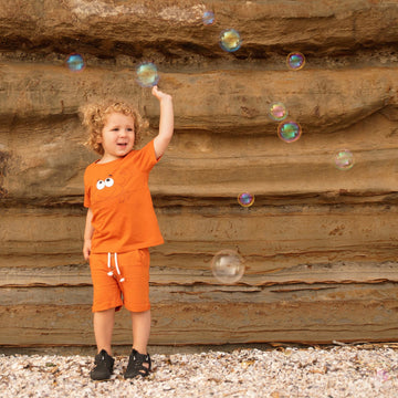 Boy wearing organic Cotton Rust Brown Shorts & crab tee shirt