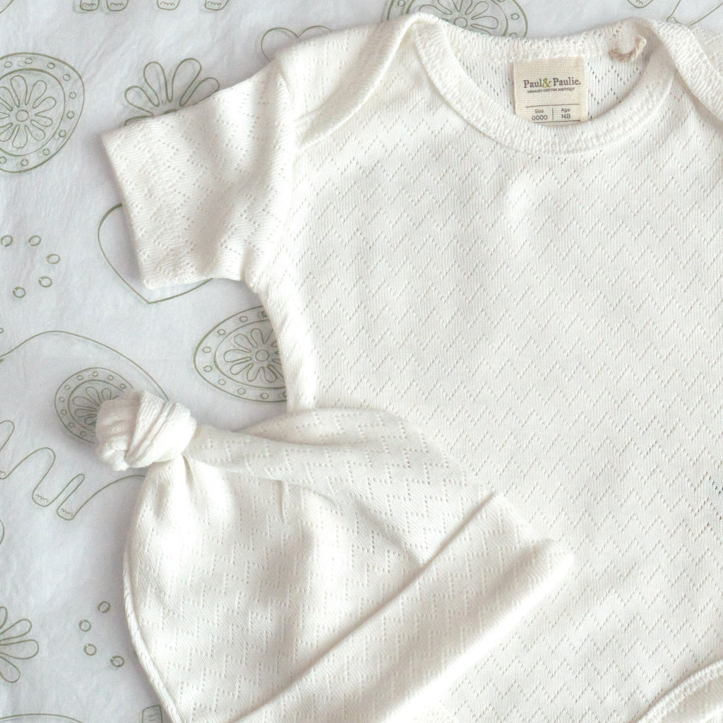 Natural organic cotton pointelle bodysuit and beanie