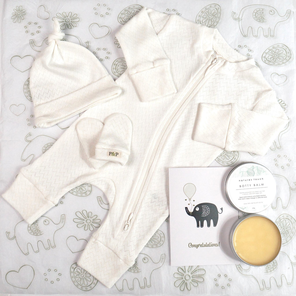 Organic cotton pointelle growsuit, beanie, mittens, card and botty balm