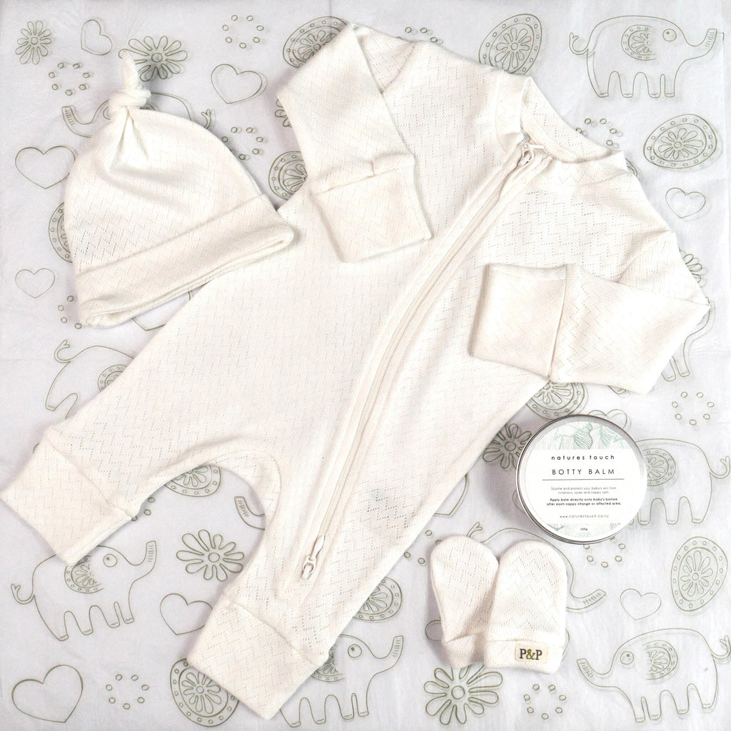 Organic cotton pointelle growsuit, beanie, mittens and botty balm