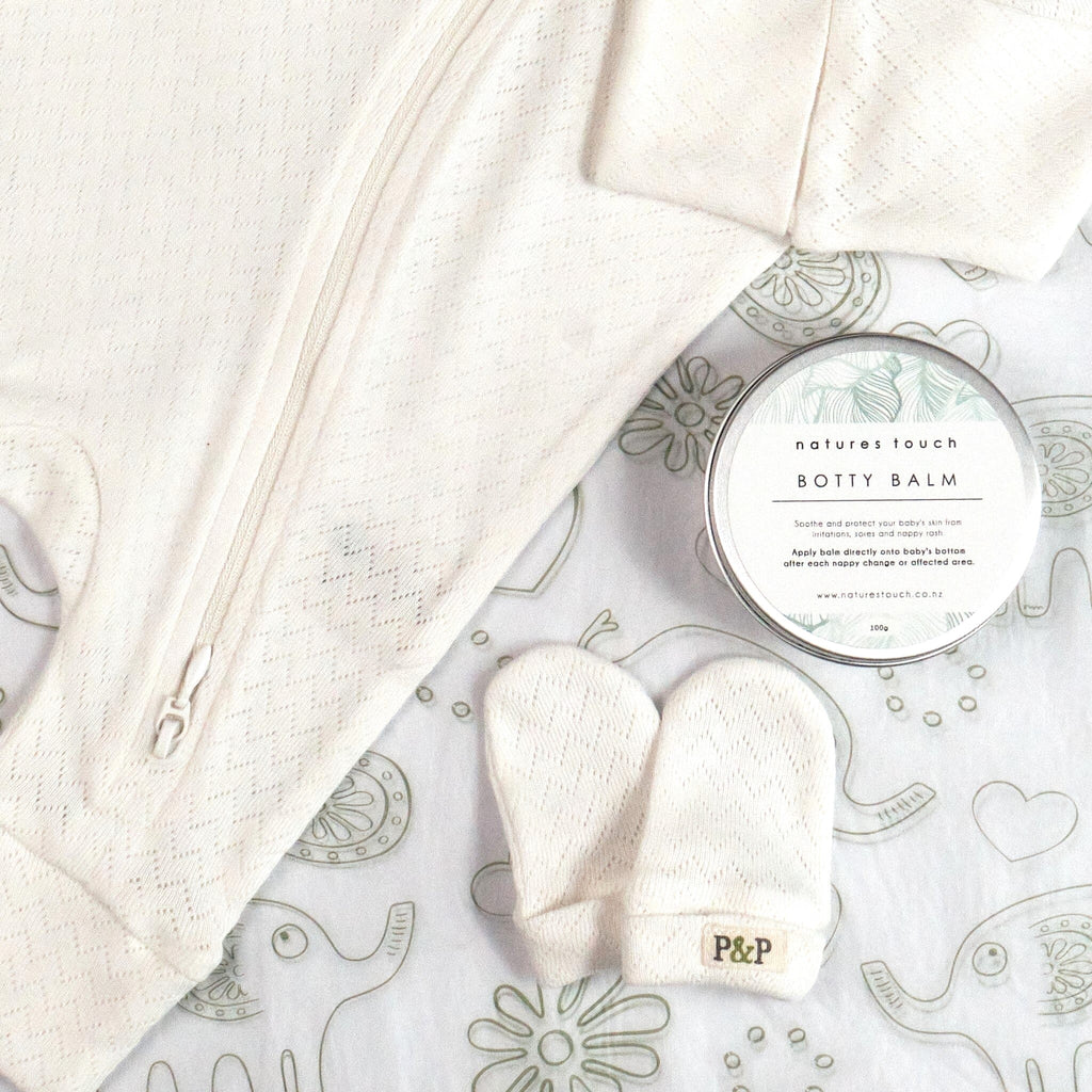 Organic cotton pointelle growsuit, mittens and botty balm