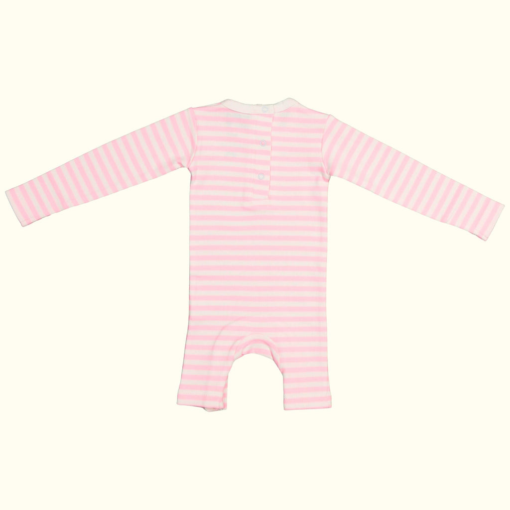 Organic cotton pink and white striped jumpsuit back