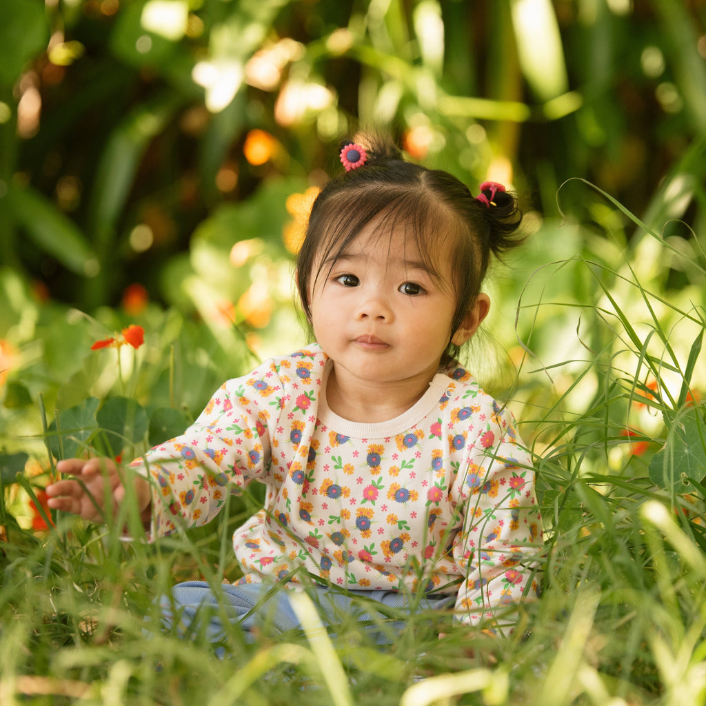 Girl wearing Organic cotton tee shirt wild flowers print